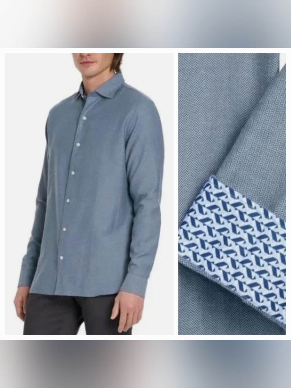 Ted Baker Blue Herringbone Button-Down Shirt with Patterned Contrast Cuffs